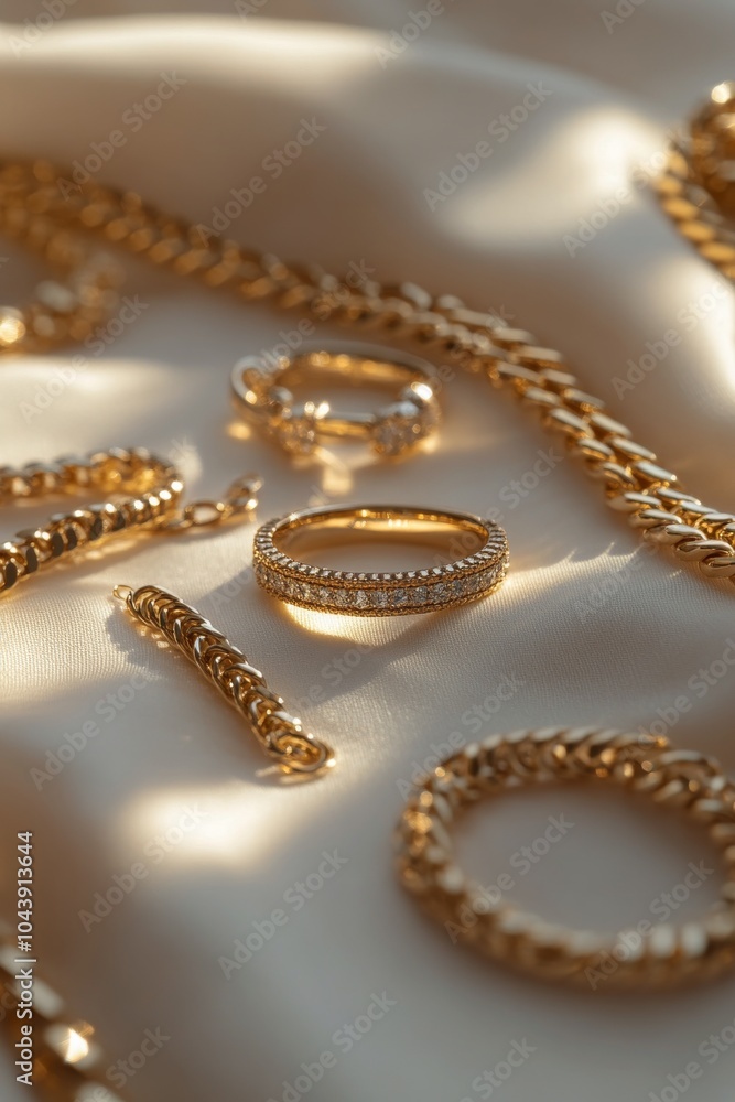 Elegant gold jewelry collection on soft fabric with gentle light illuminating the details Elegant gold jewelry collection on soft fabric with gentle light illuminating the details