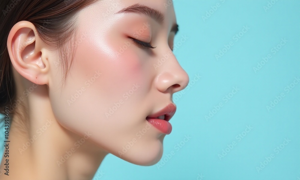 Close up profile flawless skin dewy complexion rosy Close up profile flawless skin dewy complexion rosy