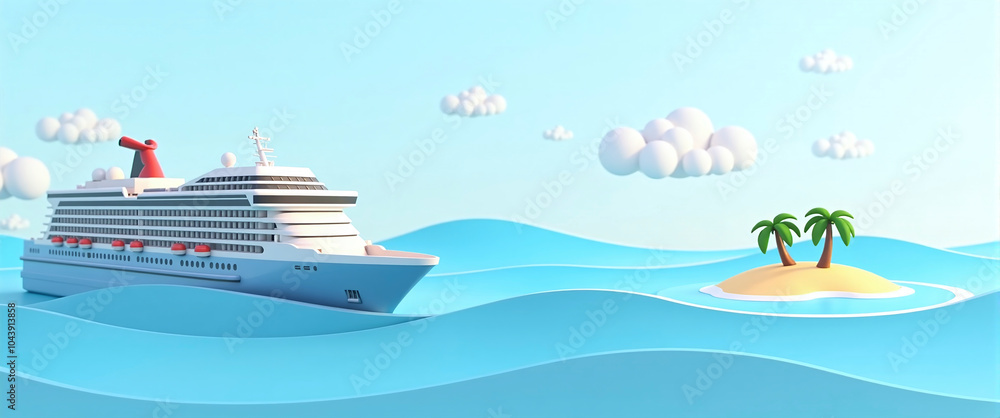 Naklejka premium Graphic illustration of a passenger ship or cruise ship traveling to vacation destinations on the world's oceans, ocean tourism and cruises