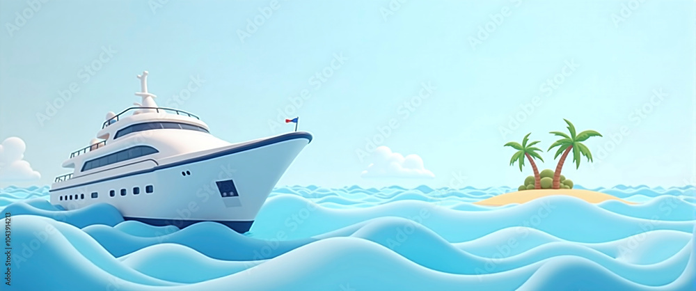 Graphic illustration of a passenger ship or cruise ship traveling to vacation destinations on the world's oceans, ocean tourism and cruises Graphic illustration of a passenger ship or cruise ship traveling to vacation destinations on the world's oceans, ocean tourism and cruises