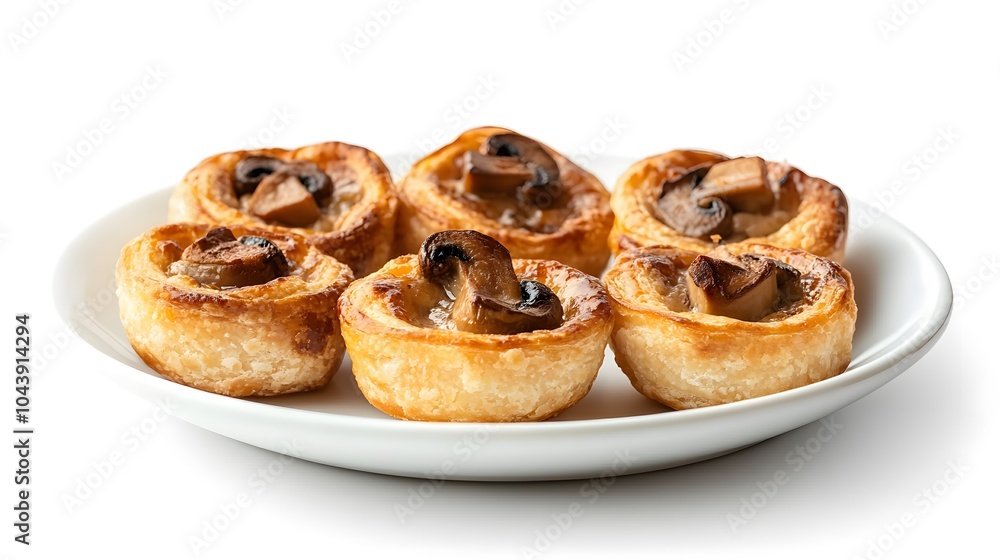 Golden mushroom vol-au-vents: savory puff pastry delights on white plate Golden mushroom vol-au-vents: savory puff pastry delights on white plate