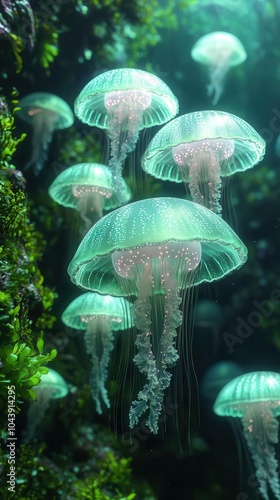 a mesmerizing view of ethereal jellyfish gracefully swimming in ocean depths their glowing bodies illuminating the underwater landscape creating a magical marine experience