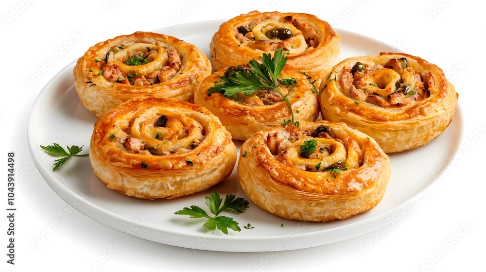 Delicious savory puff pastry swirls with herb garnish on a plate Delicious savory puff pastry swirls with herb garnish on a plate