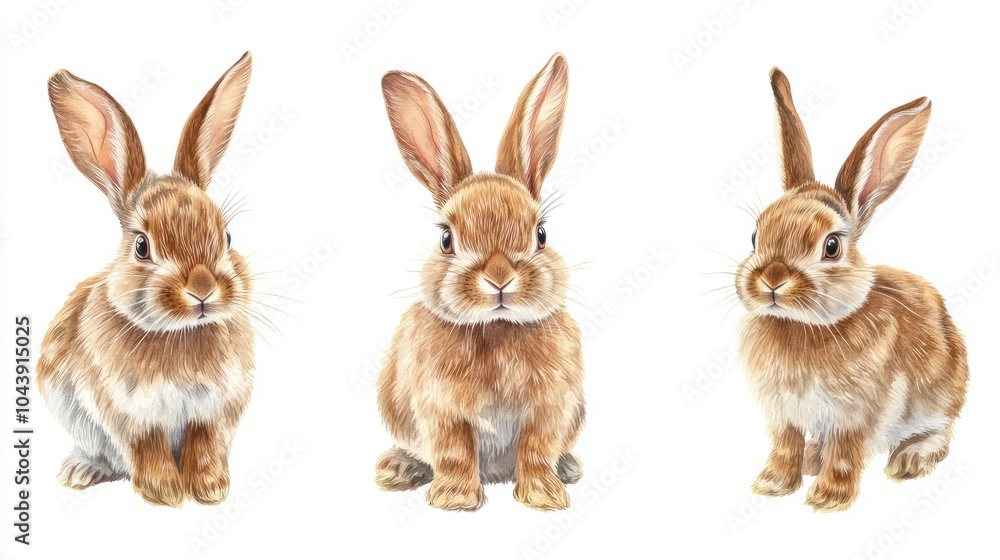 Collection of three watercolour paintings of brown cute rabbits isolated on white background, animal clipart bundle.