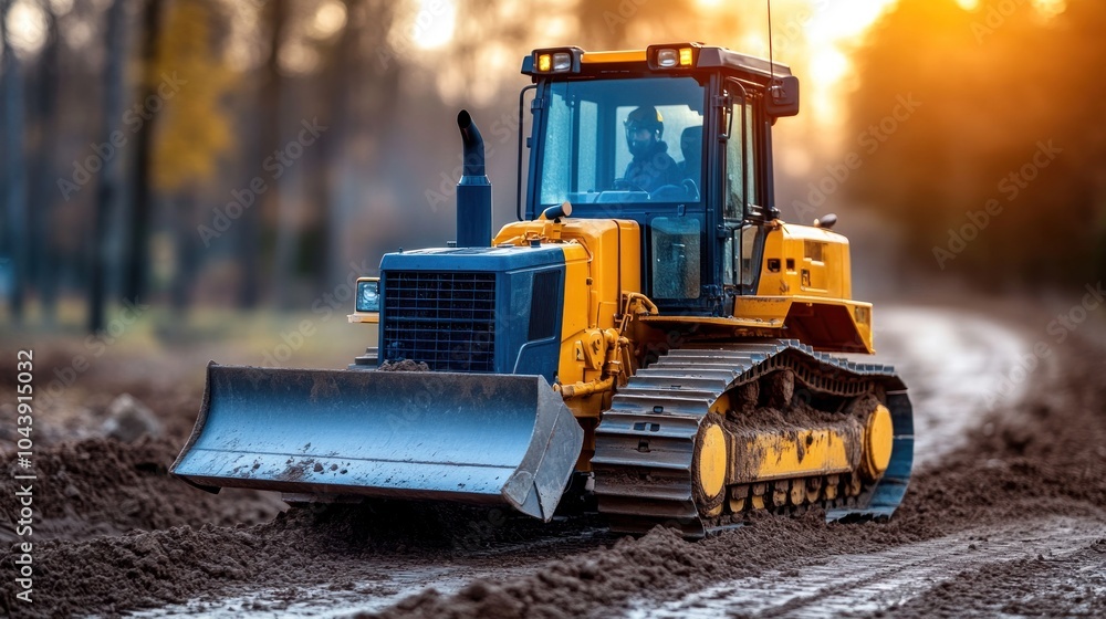 Bulldozer operating on a dirt path in a forested area. Bulldozer operating on a dirt path in a forested area.