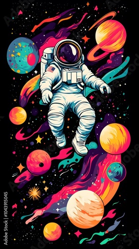 An astronaut floating in space, surrounded by colorful planets and galaxies, illustrated with flat design elements.