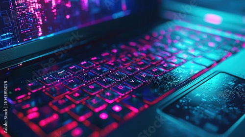 A close-up shot of a laptop keyboard illuminated in vibrant neon colors, showcasing a futuristic and tech-inspired aesthetic.