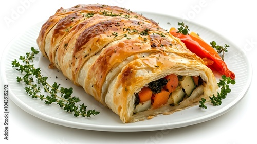 Golden vegetable wellington wrapped in flaky puff pastry with fresh herbs on a white plate