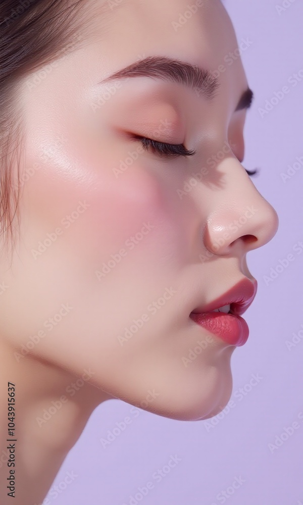 Close up profile flawless skin dewy complexion rosy Close up profile flawless skin dewy complexion rosy