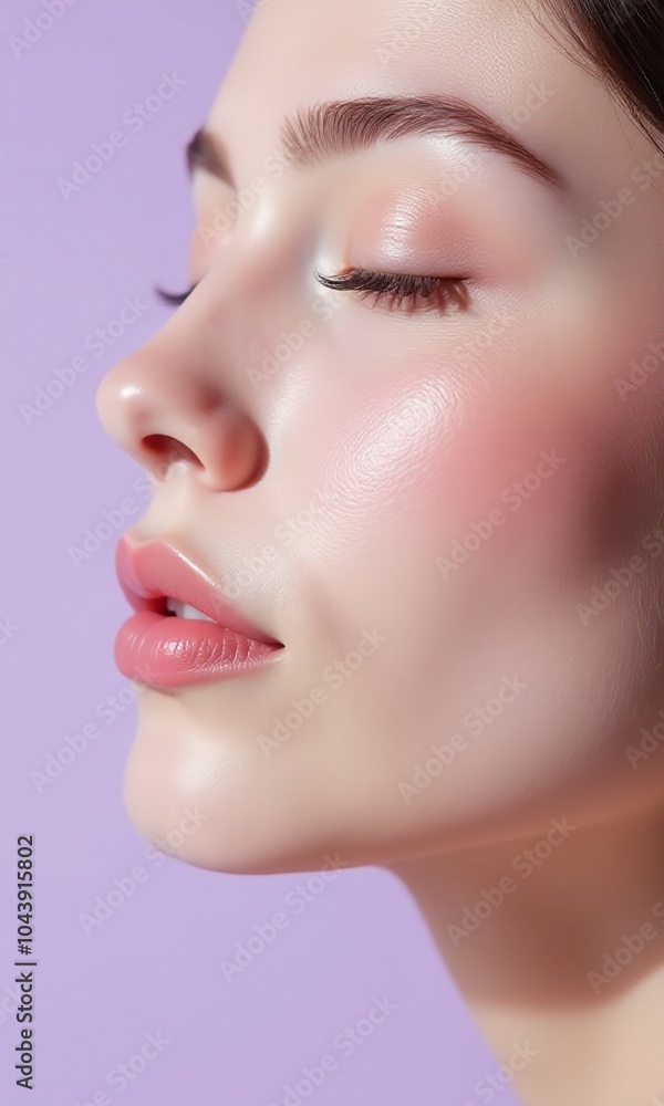 Close up profile flawless skin dewy complexion rosy Close up profile flawless skin dewy complexion rosy