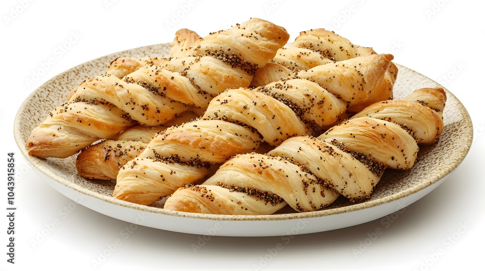 Delicious spiral puff pastry twists with poppy seeds on ceramic plate Delicious spiral puff pastry twists with poppy seeds on ceramic plate