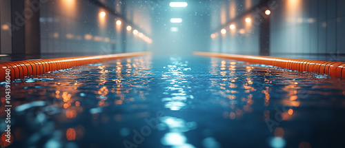 Empty Swimming Pool Lane with Lights Reflecting on Water