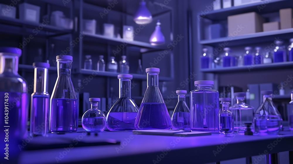 Purple Liquid in Glass Flasks on a Laboratory Table. Purple Liquid in Glass Flasks on a Laboratory Table.