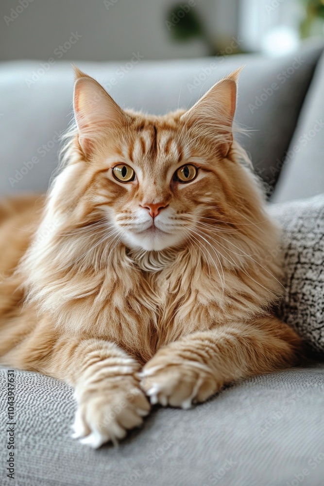 Maine Coon cat relaxing on a gray sofa in a bright living room during daylight Maine Coon cat relaxing on a gray sofa in a bright living room during daylight