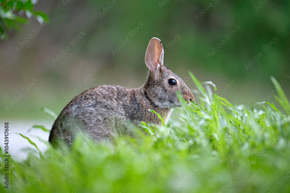 Fototapeta premium Grey small hare eating grass on summer field. Wild rabbit in nature