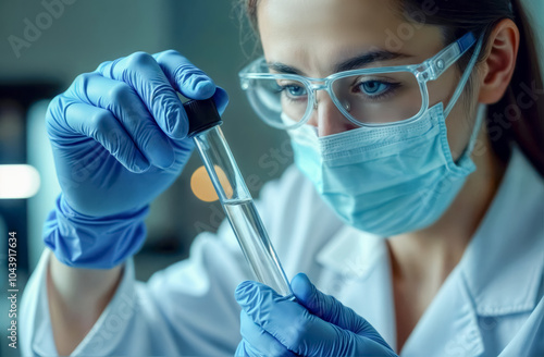 Female scientist looking at the scientific sample in the laboratory