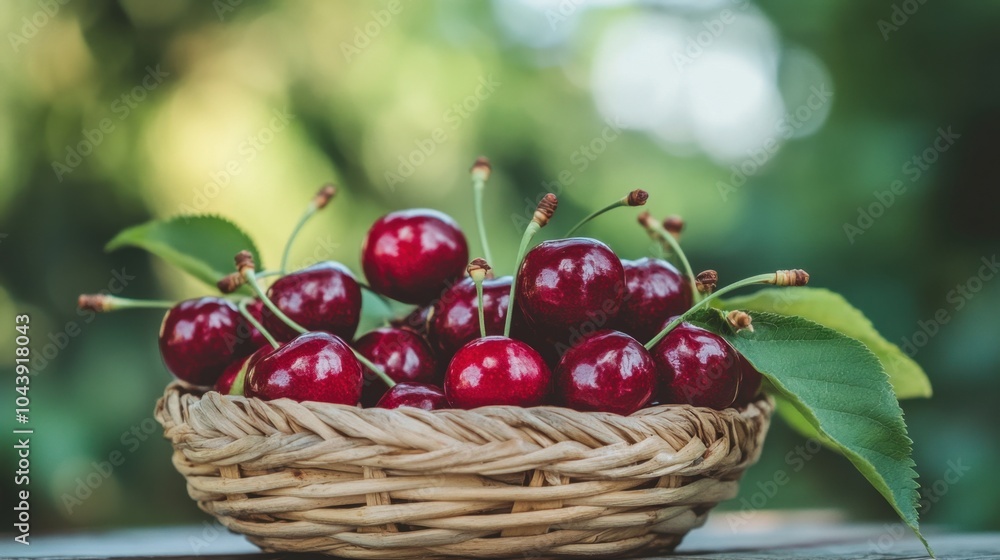A bunch of freshly picked cherries in a woven basket, resting on a wooden table outdoors. A bunch of freshly picked cherries in a woven basket, resting on a wooden table outdoors.