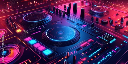  Close-up of DJ console with glowing neon lights, representing music mixing, vibrant nightlife, and club culture.