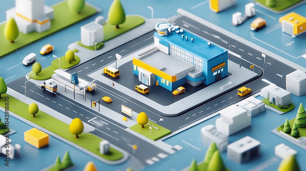 3D Isometric City Model with Airport, Cars, and Trees. 3D Isometric City Model with Airport, Cars, and Trees.