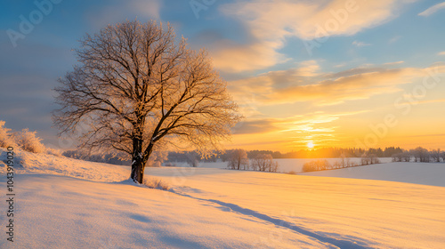 Winter sunset landscape with tree and field way