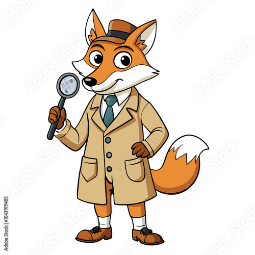 a fox with a magnifying glass and trench coat