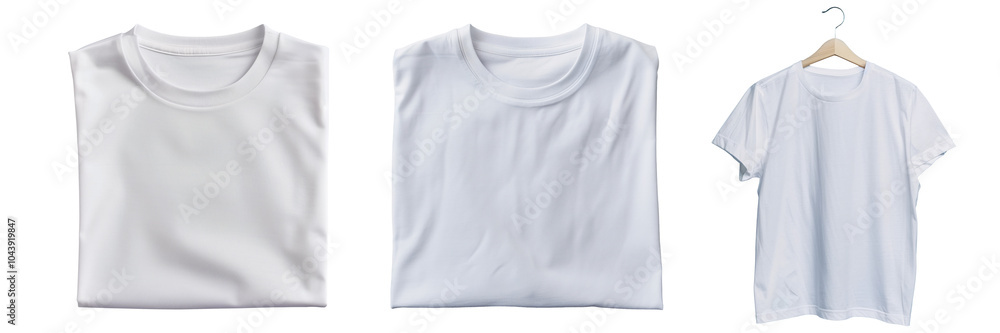 Three basic white neatly folded t-shirts and with hanger are displayed on a transparent background. Mockup of isolated clothes for an advertisement or poster design. Three basic white neatly folded t-shirts and with hanger are displayed on a transparent background. Mockup of isolated clothes for an advertisement or poster design.