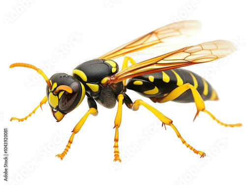 Close-up of a vibrant yellow and black wasp isolated on white background.