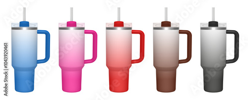Thermo cup with handle and straw. 3d mockup of a travel thermos. Set of blue, pink, red, brown and black mugs. Tumbler template. Transparent lid. Gradient colors