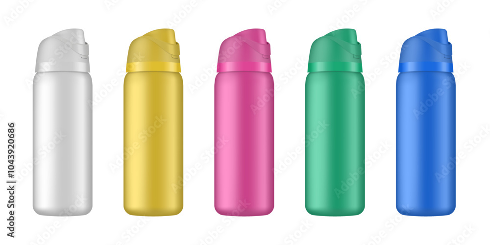 Set of drinking bottles. 3d mockup of a travel tumbler. Set of white, yellow, pink, blue and green water bottles. Thermos template. Bicycle sport container Set of drinking bottles. 3d mockup of a travel tumbler. Set of white, yellow, pink, blue and green water bottles. Thermos template. Bicycle sport container