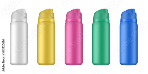 Set of drinking bottles. 3d mockup of a travel tumbler. Set of white, yellow, pink, blue and green water bottles. Thermos template. Bicycle sport container	