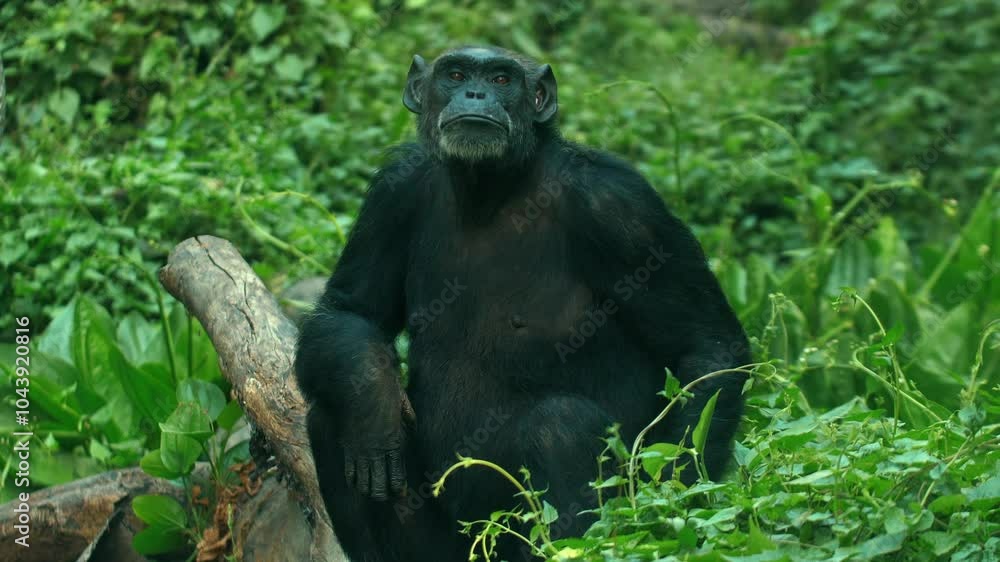 Chimpanzee sitting on branch in lush green forest, natural wildlife habitat. Wildlife and Nature Chimpanzee sitting on branch in lush green forest, natural wildlife habitat. Wildlife and Nature
