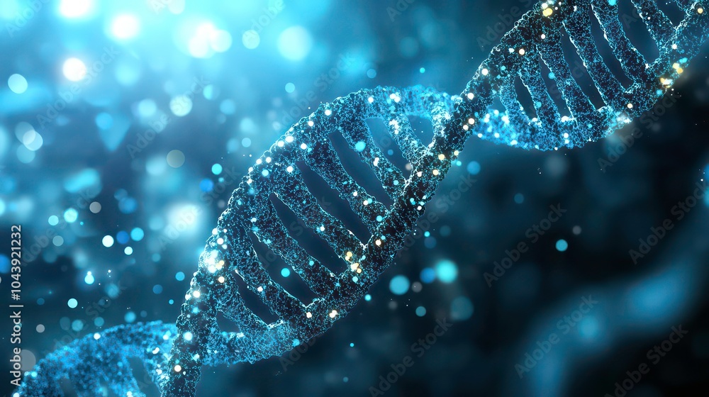 A 3D illustration of a sparkling blue DNA double helix against a blurred blue background. A 3D illustration of a sparkling blue DNA double helix against a blurred blue background.