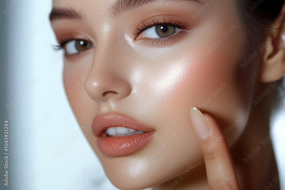 A young woman gently touches her cheek, highlighting her radiant skin A young woman gently touches her cheek, highlighting her radiant skin