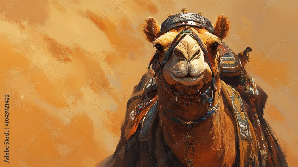 Naklejka premium A camels head adorned with traditional desert gear, standing proudly against a backdrop of golden sand dunes.