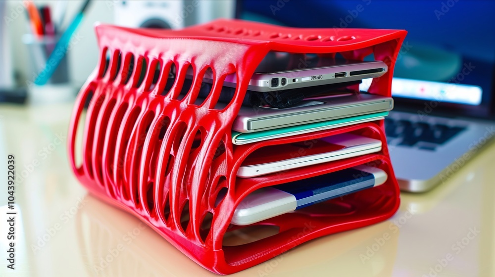 Organized Smartphone Holder in Bright Red, Showcasing Multiple Devices on a Desk Organized Smartphone Holder in Bright Red, Showcasing Multiple Devices on a Desk