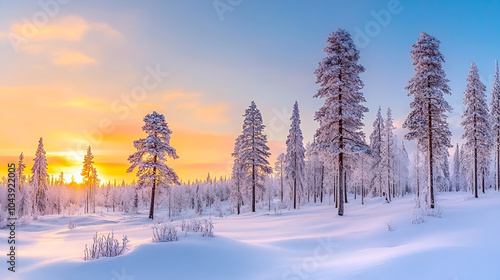 Snowy landscape at sunset frozen pine trees covered with snow in winter in Saariselka Lapland Finland Christmas and holidays background photo