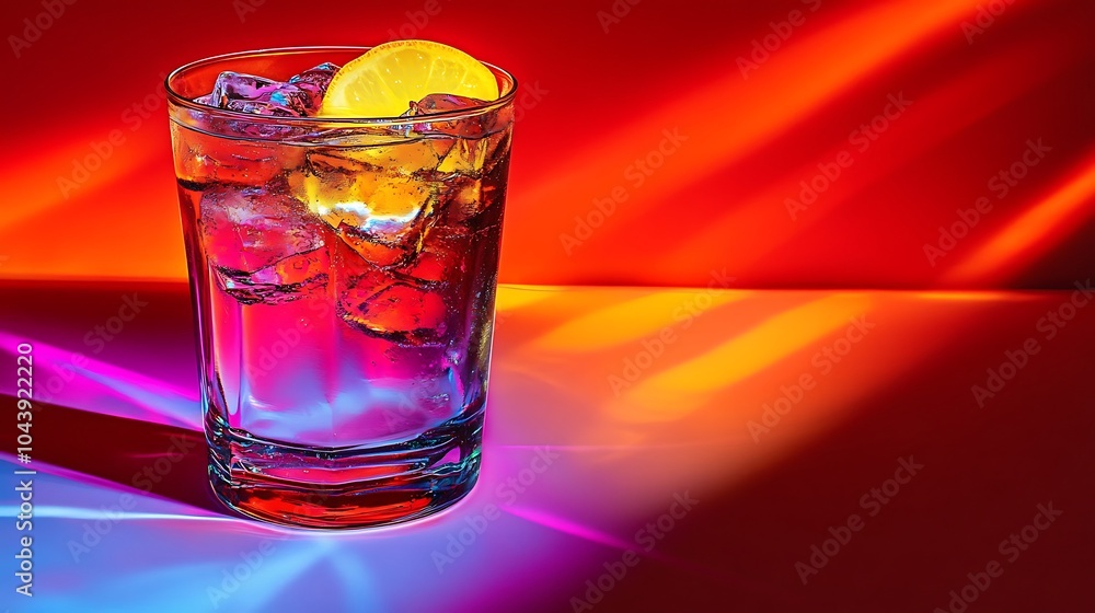 Refreshing Lemon Cocktail in a Tall Glass with Ice on a Red and Purple Background. Refreshing Lemon Cocktail in a Tall Glass with Ice on a Red and Purple Background.