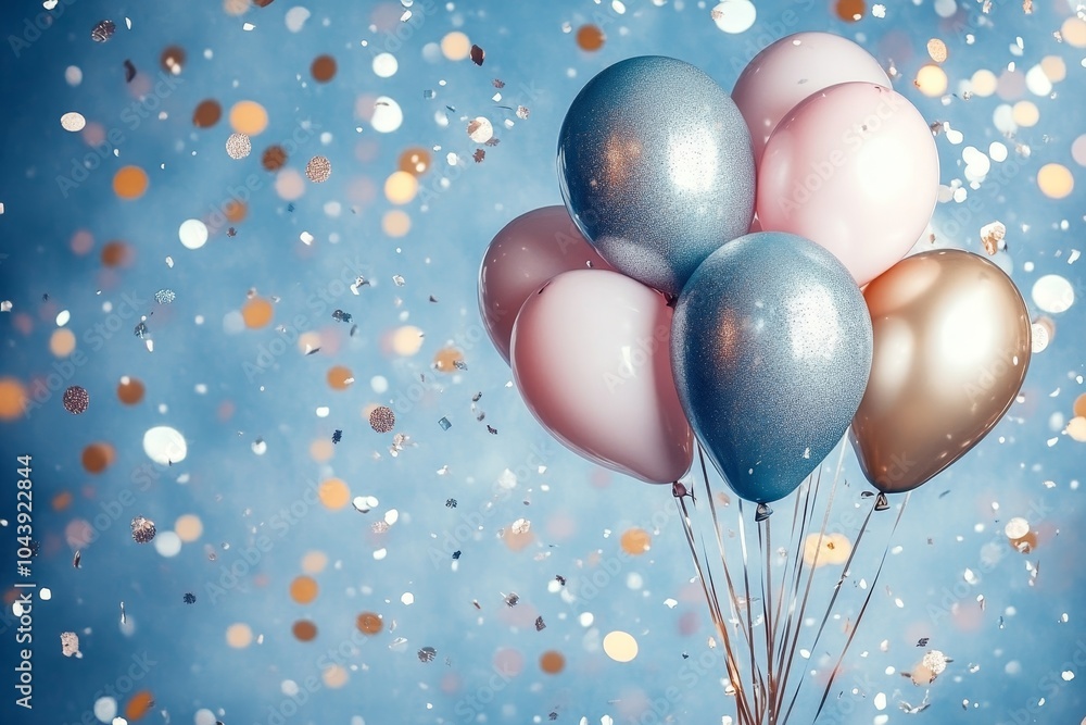 Fototapeta premium Colorful balloons with confetti create a festive atmosphere for celebrations, captured against a dreamy blue background