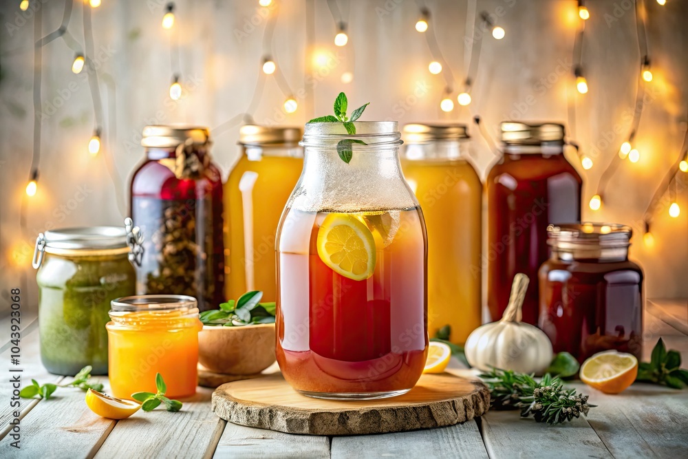 Homemade kombucha fermentation features a large glass jar with a SCOBY, complemented by bottles of delicious flavored drinks, set against a bright white backdrop. Homemade kombucha fermentation features a large glass jar with a SCOBY, complemented by bottles of delicious flavored drinks, set against a bright white backdrop.