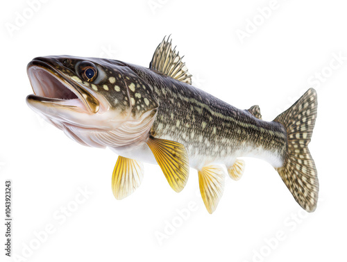 Close-up of a Northern Pike with open mouth and vivid scales against a white background.