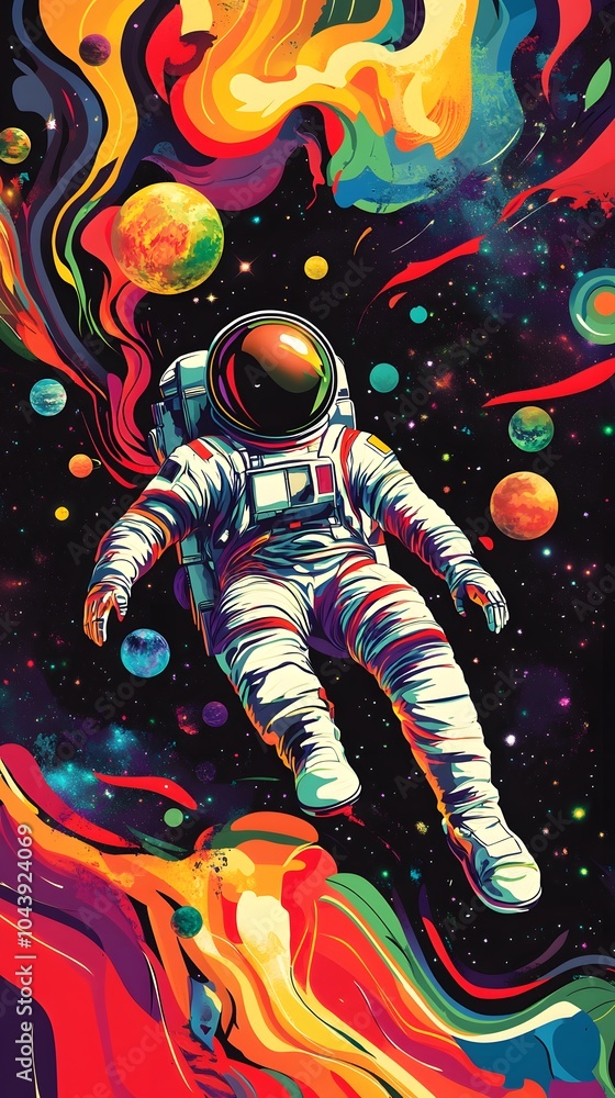 An astronaut floating in space, surrounded by colorful planets and galaxies, illustrated with flat design elements. An astronaut floating in space, surrounded by colorful planets and galaxies, illustrated with flat design elements.