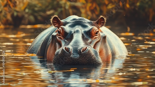 Majestic Hippopotamus in Tranquil Watercolor Setting - Detailed View of Massive Body Amidst Serene Reflections photo