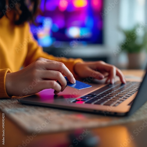 Asian woman sitting and holding credit card for online shopping by laptop and smart phone at home