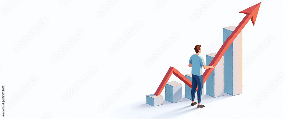 Graphic illustration of a person standing next to a block diagram, constantly growing capital and increasing profit from money deposits, success model Graphic illustration of a person standing next to a block diagram, constantly growing capital and increasing profit from money deposits, success model