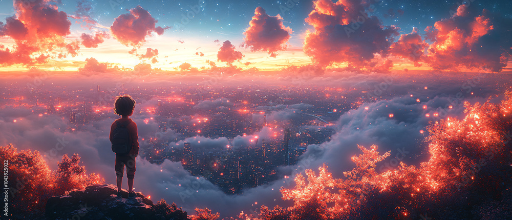 Lonely Figure Gazing at a Cityscape Above the Clouds at Sunset Lonely Figure Gazing at a Cityscape Above the Clouds at Sunset