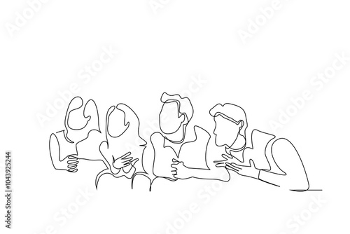 excited people waiting for the result friends at home happy nervous moments one line art design vector