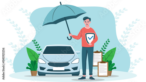 Man apply car insurance concept, Man insurance agent, insurance policy on clipboard and automobile