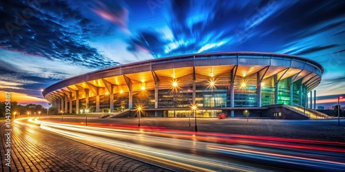 Illuminated Stadium Exterior at Night - Dramatic Architectural Lighting for Sports Arenas