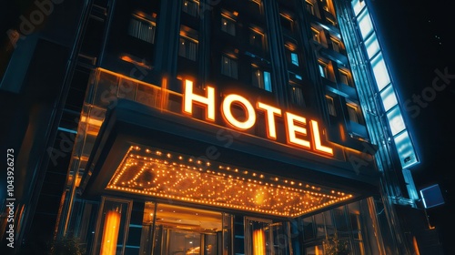 A modern hotel entrance with a glowing neon sign at night.