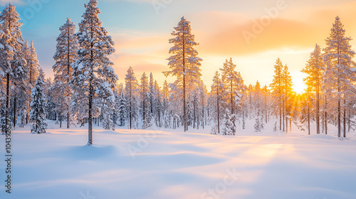 Snowy landscape at sunset frozen pine trees covered with snow in winter in Saariselka Lapland Finland Christmas and holidays background photo